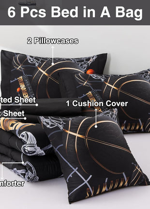 Basketball Court Themed Comforter Set, 6-Piece Bedding Set for Teen Boys, Twin Size