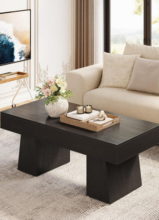 Farmhouse Rectangular Coffee Table - 47-Inch Wooden Accent Table with Sturdy Base for Modern Living Room (Black)