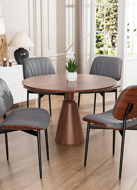 Set of 4 Mid-Century Modern Dining Chairs in Gray Upholstered PU Leather with Walnut Bentwood and Metal Legs