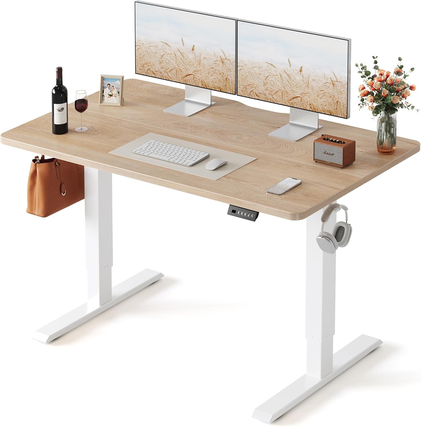 Standing Desk, 48 × 24 Inches Electric Height Adjustable, Sit and Stand Up, Computer Office Desk with Splice Board, White Frame/Maple TOP