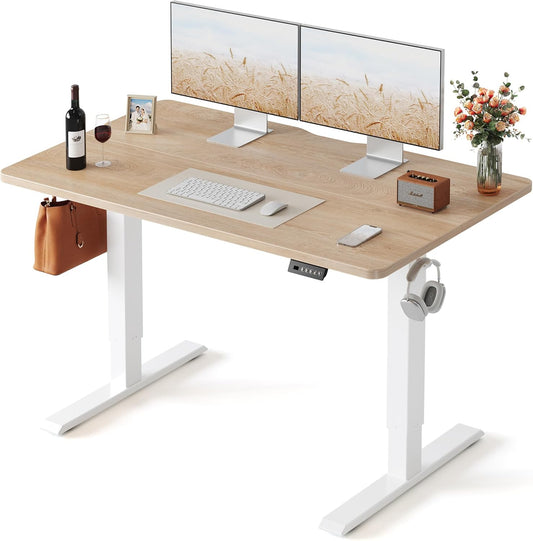Standing Desk, 48 × 24 Inches Electric Height Adjustable, Sit and Stand Up, Computer Office Desk with Splice Board, White Frame/Maple TOP
