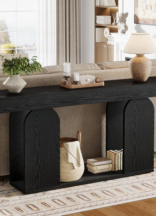 70.9-Inch Extra Long Farmhouse Console Table with Wooden Frame and Storage Shelf, 2-Tier Sofa Table for Living Room, Hallway, and Foyer in Black
