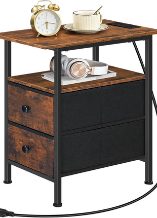 Slim End Table with Integrated Charging Station and Dual Non-Woven Drawers, Space-Saving Design in Rustic Brown and Black Finish, Ideal for Living Room and Bedroom Use