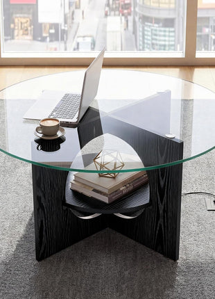 Contemporary Round Coffee Table with Dual-Tier Glass Design and Storage, Versatile Centerpiece for Living Room, Office, and Lounge, Black