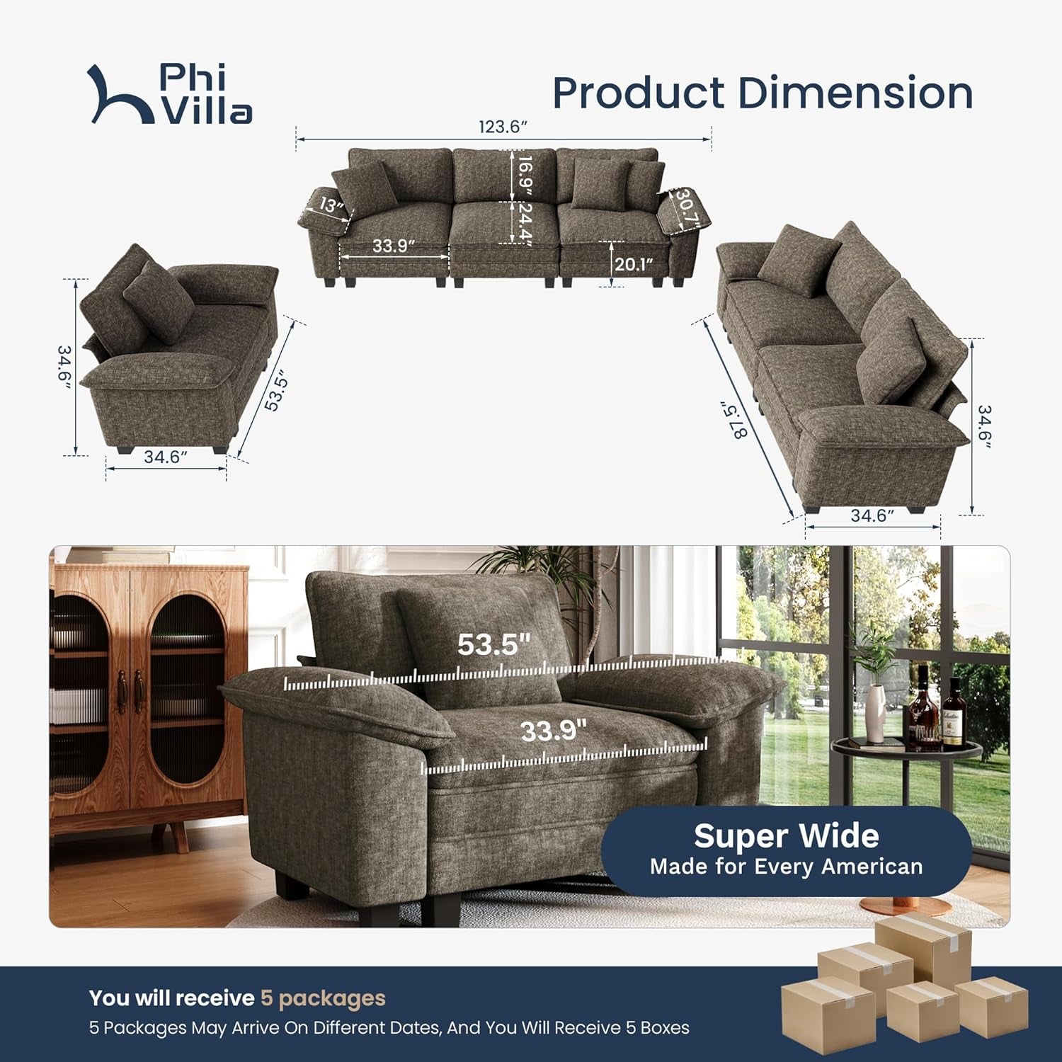 Cloud Modular Couches Sets, 3 Pieces Large Sectional Sofa Set with Loveseats & Single Sofa, 6-Seater Upholstered Couch for Living Room, Chenille Fabric, Smoky Grey