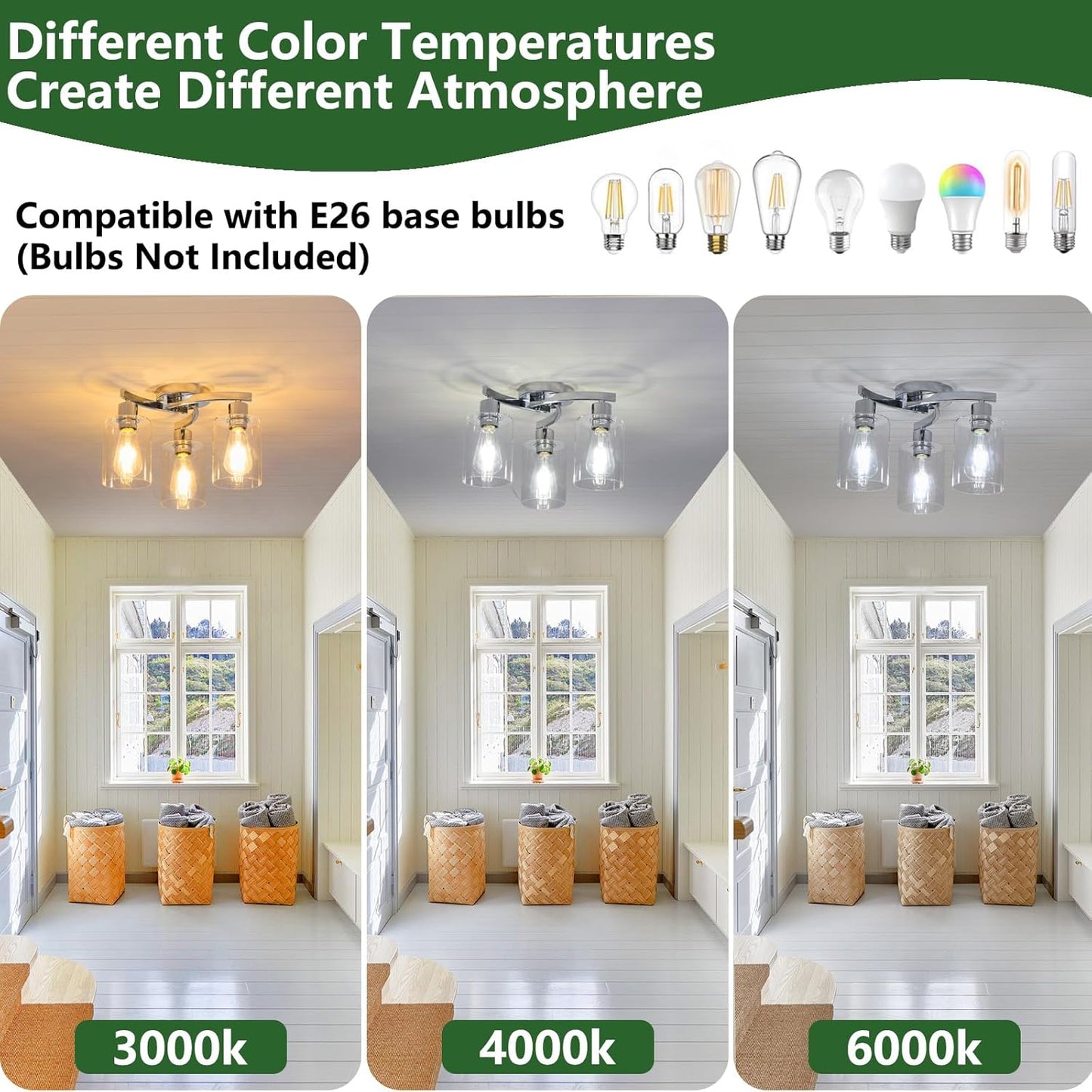 3-Light Semi Flush Mount Ceiling Light, Modern Close to Ceiling Light Fixtures with Clear Glass Shades, Chrome Light Fixture for Kitchen, Dining Room, Hallway, Entryway, Foyer