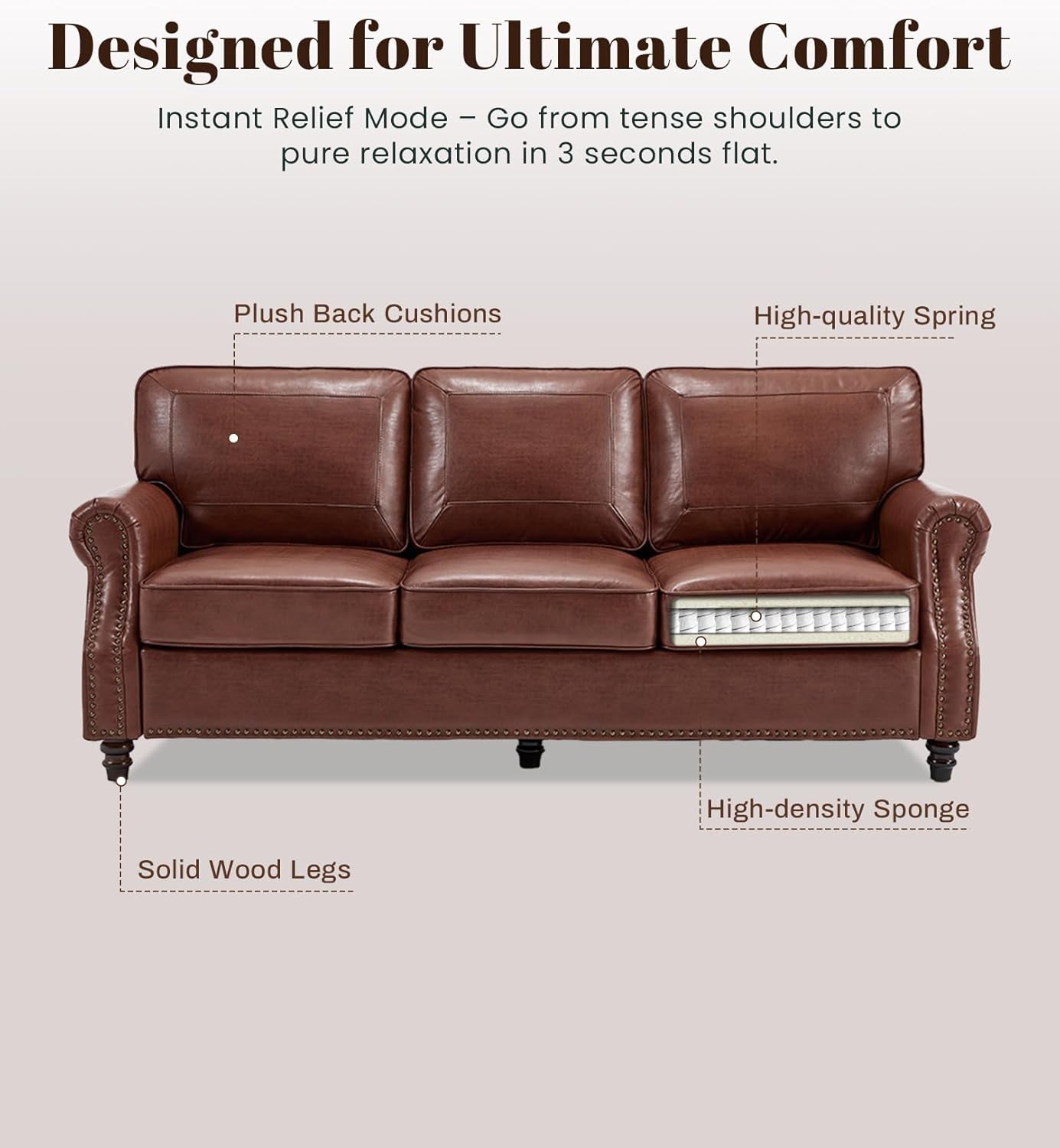 Mid-Century Modern Couch, Fux Lether Sof, 3 Seter Couch for Living Room with Rolled rms & Nilhed Trim, Drk Coffee