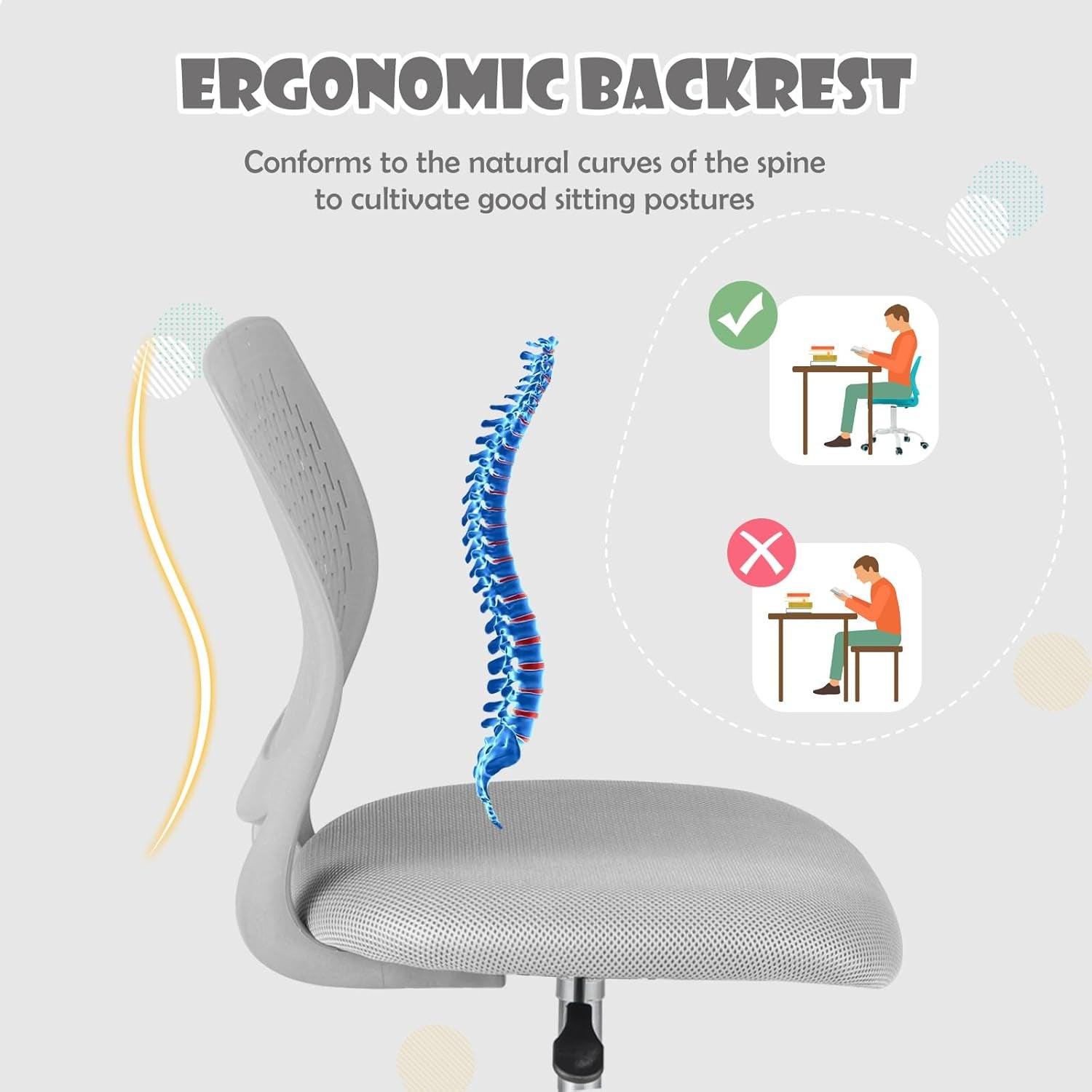 Small Home Office Desk Chair, Swivel Rolling Study Computer Chair, Adjustable Height Task Chair with Armless Mid Back, Upholstered Mesh Seat, Grey