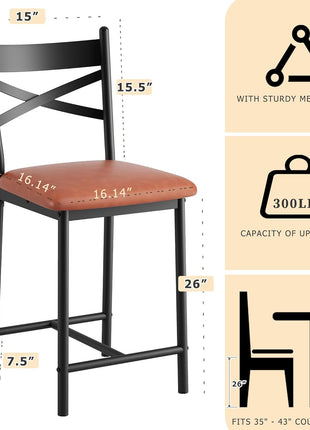 Set of 4 Modern Brown Counter Height Bar Stools with Backrest and Thick Cushion, Upholstered Dining Chairs for Kitchen Island, Bar, and Dining Room