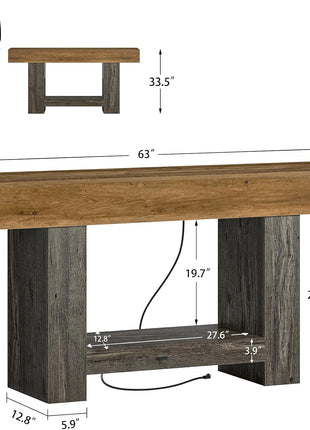 63-Inch Farmhouse Style Console Table with Integrated Charging Station and LED Lighting for Entryway, Sofa, and Hallway Use