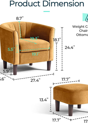 Contemporary Velvet Accent Chair with Ottoman - Elegant Barrel Armchair for Living Room, Bedroom, and Reading Nook in Yellow