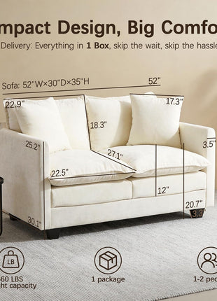 52-Inch Modern Chenille Loveseat Sofa for Small Spaces, Comfortable Deep Seat Couch with Two Pillows - Ideal for Living Room, Bedroom, Apartment, and Office - Beige