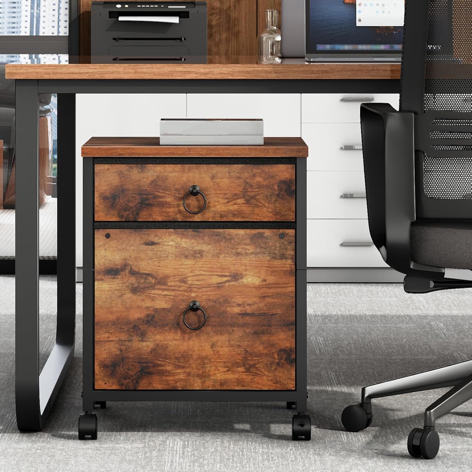 File Cabinet, 2-Drawer Vertical Mobile Office Cabinet, Rolling Printer Stand, for A4/Letter Size Files, Nonwovens Drawer, for Home Office, Rustic Brown BF21WJ01