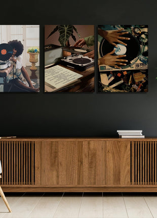 Contemporary Black Woman Wall Art Collection - Set of 3 Framed Canvas Prints Showcasing African American Music and Record Player Designs for Bedroom and Living Room, 12x16 Inches