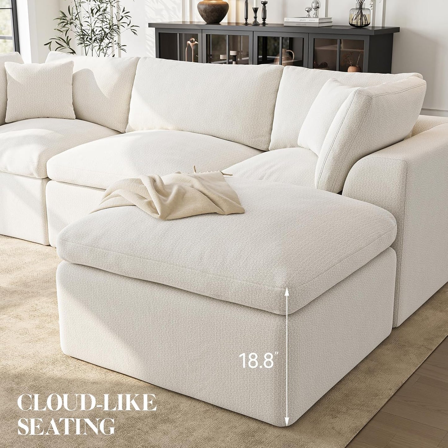 Cloud Sectional Couches for Living Room | 108 Inch L-Shaped Boneless Couch with Ottoman | Modular Sectionals Sofa Couch Ivory White