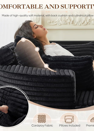 Oversized Round Chaise Lounge Chair - Modern 55-Inch Upholstered Corduroy Deep Seat Circular Sofa for Living Room and Bedroom in Black