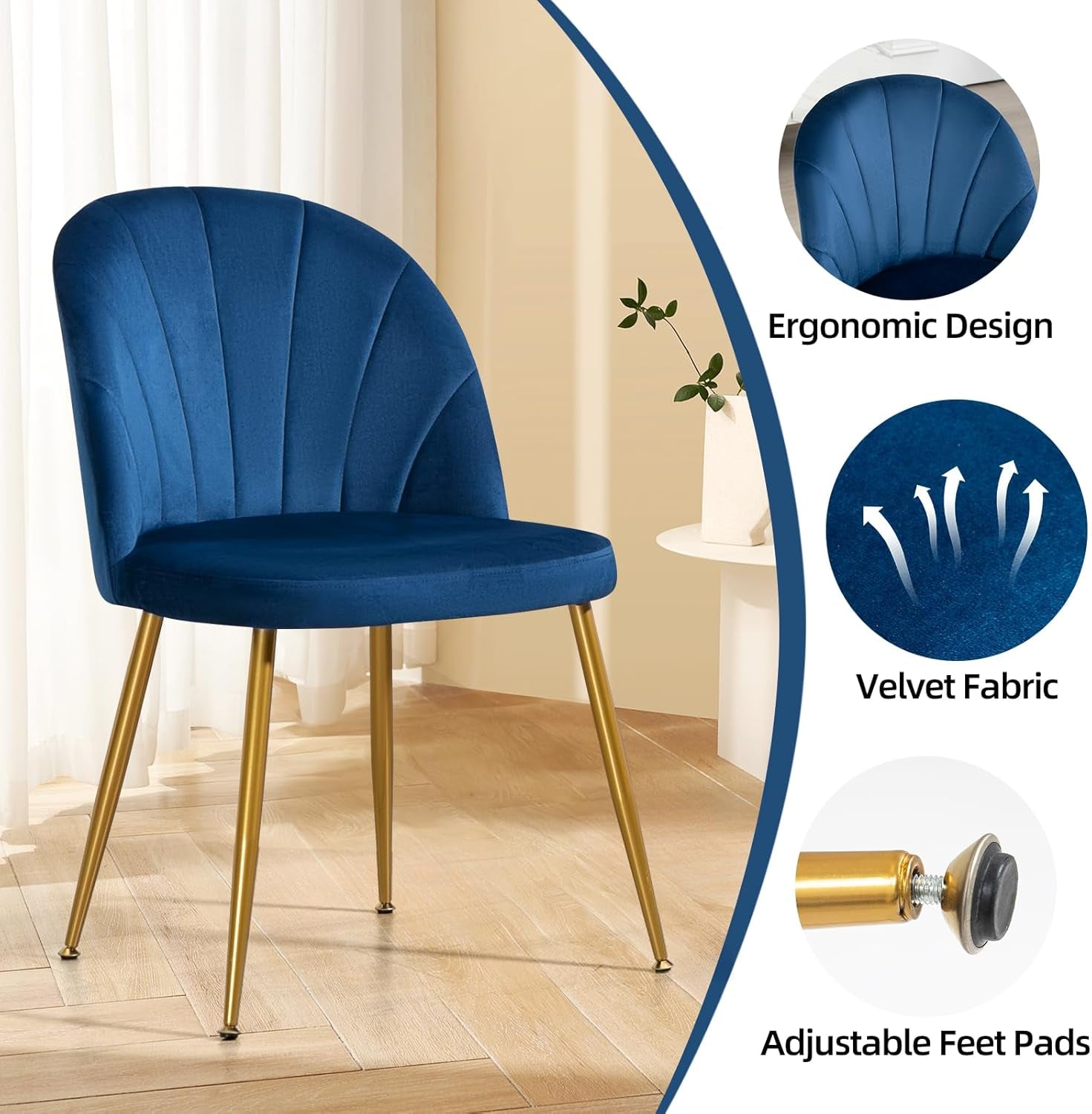 Velvet Dining Chairs Set of 4, Upholstered Mid Century Modern Dining Chairs, Armless Accent Chair with Metal Gold Legs for Living Room, Kitchen, Dining Room, Blue