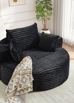 Oversized Round Chaise Lounge Chair - Modern 55-Inch Upholstered Corduroy Deep Seat Circular Sofa for Living Room and Bedroom in Black