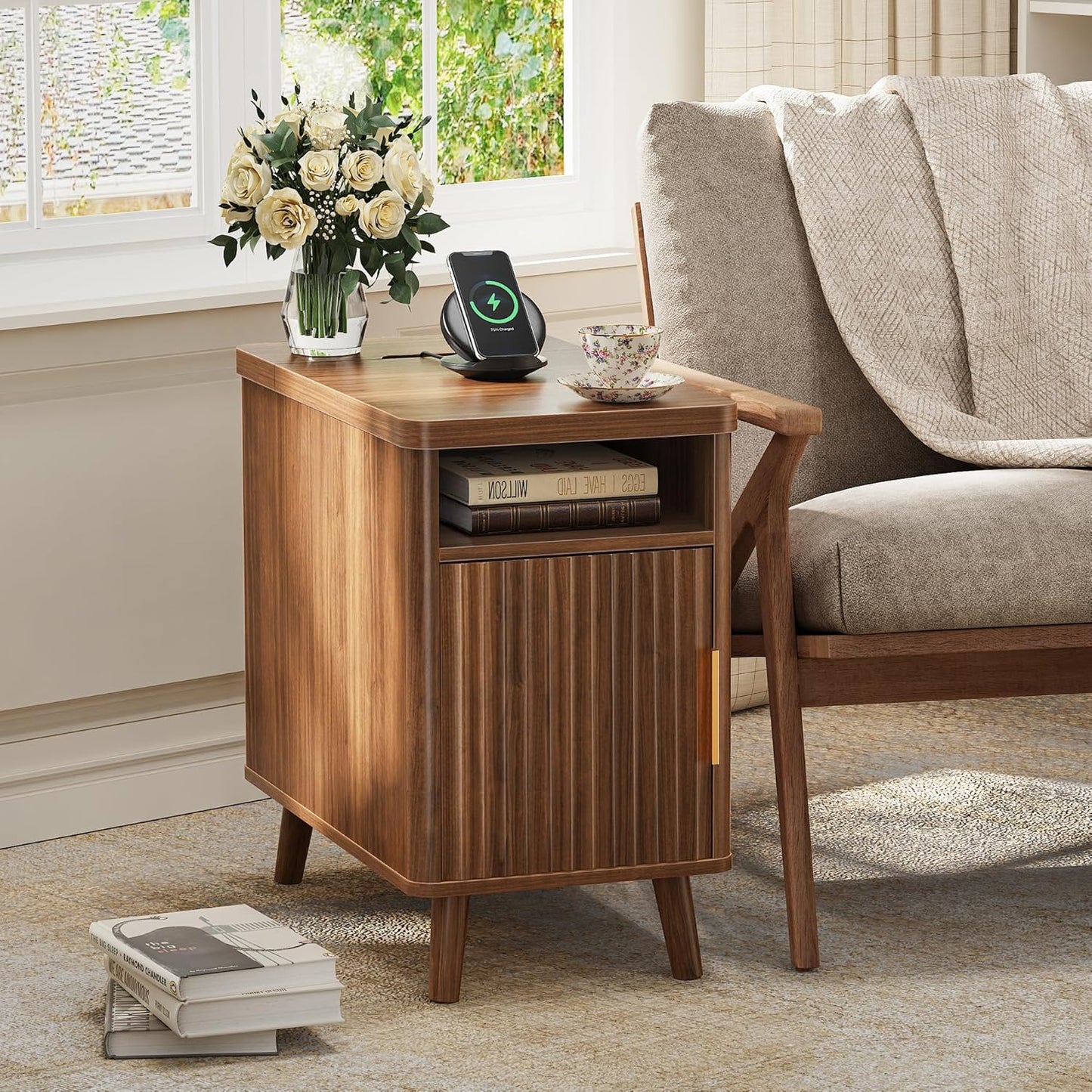 Narrow End Table with Charging Station, USB-C Port, Fluted Nightstand with Storage Cabinet, Back Rack, Farmhouse Side Table for Small Spaces, 13.4 × 23.6 Inch Night Stand, Walnut