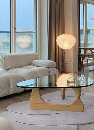 Contemporary Round Glass Coffee Table - 32.68" Diameter x 22.44" Width x 15.75" Height, Abstract Design for Living Room and Home Office, Industrial Style with Clear Glass Finish