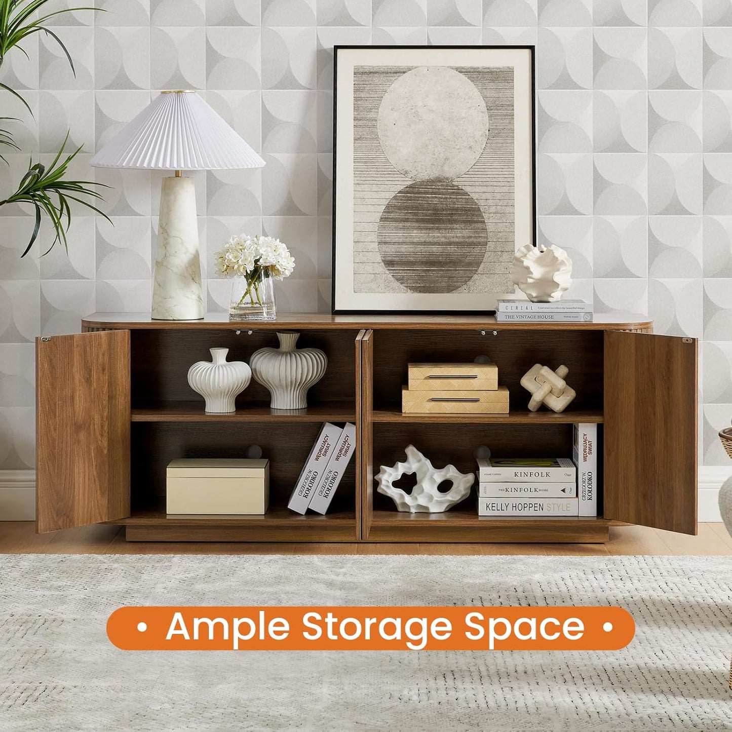 64" Sideboard Buffet Cabinet with Storage, Wooden Fluted Storage Cabinet Sideboard Credenza with Adjustable Shelves Pressed Spring for Kitchen Living Room (Walnut)