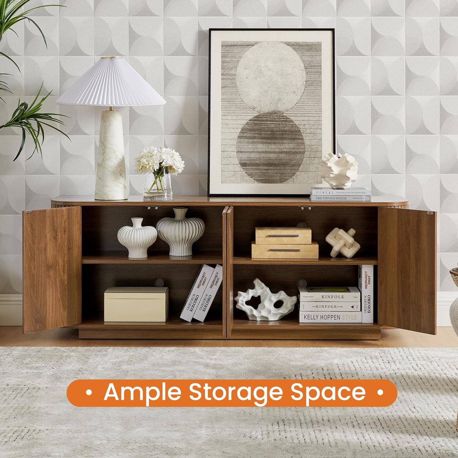 64" Sideboard Buffet Cabinet with Storage, Wooden Fluted Storage Cabinet Sideboard Credenza with Adjustable Shelves Pressed Spring for Kitchen Living Room (Walnut)