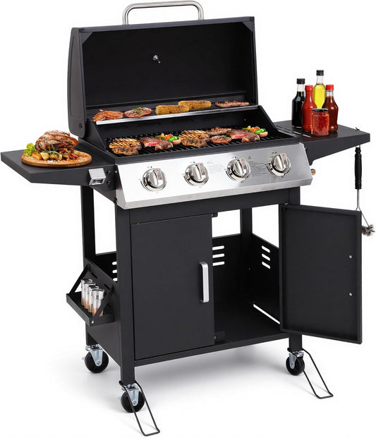 4-Burner Propane Gas BBQ Grill, Upgraded 40,000 BTU Stainless Steel Barbecue Grill with Foldable Side Tables, Spice Rack & Wheels for Outdoor Cooking