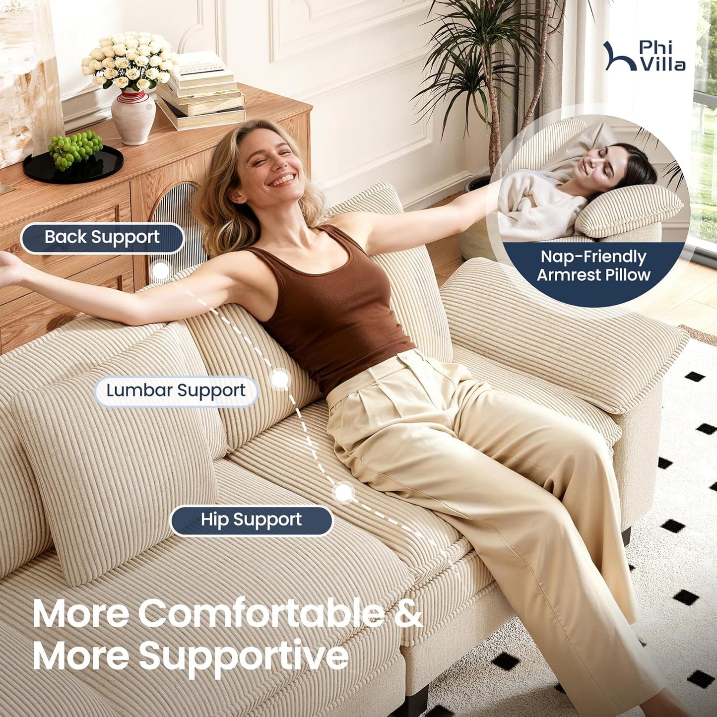 Cloud Modular Couches Sets, 2 Pieces Sectional Sofa Set with Loveseat, 3-Seater Comfy Couch for Living Room Small Spaces, Chenille Corduroy Dual Fabric, Beige