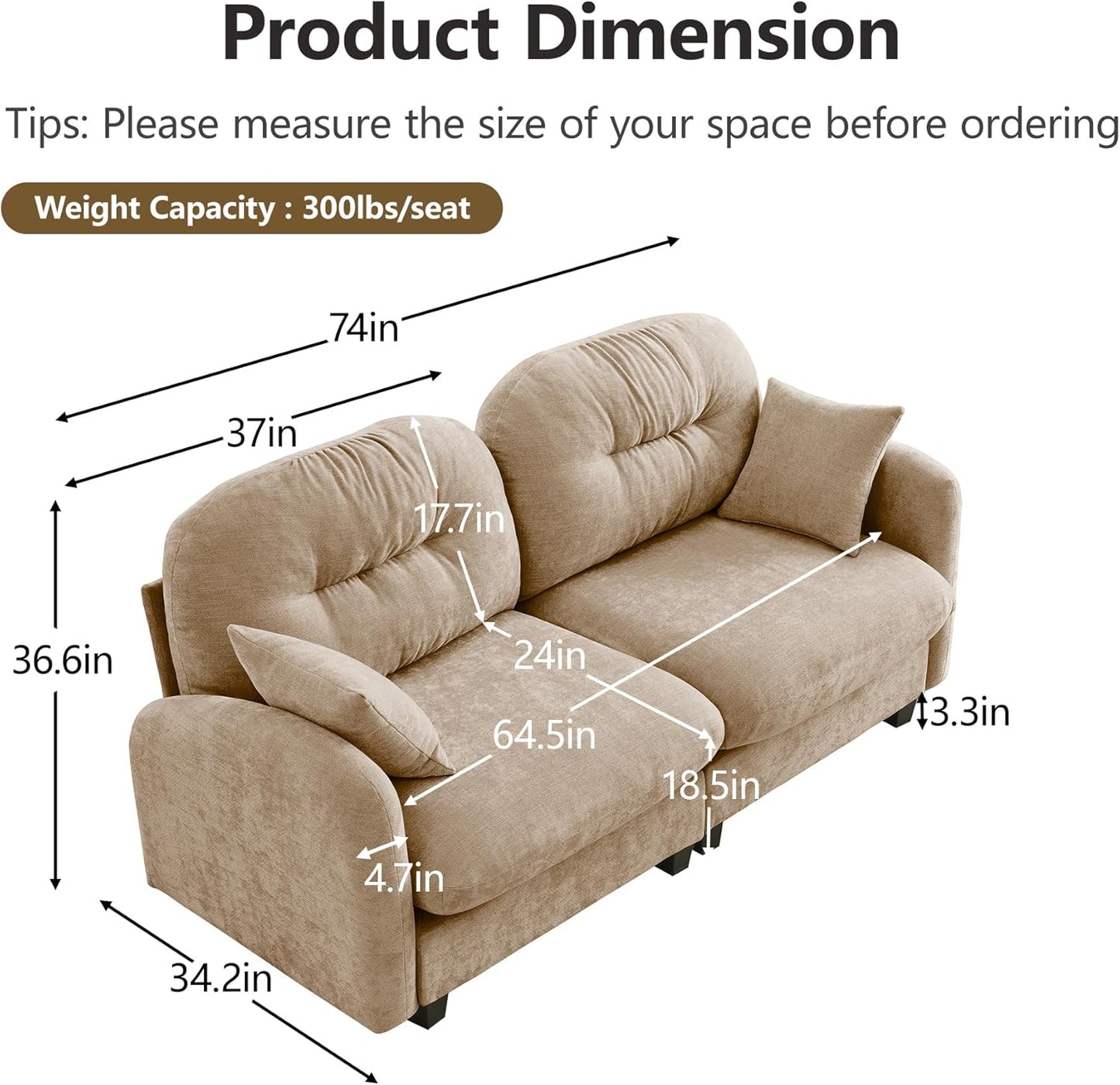 74" Loveseat for Living Room, Comfy Chenille Fabric Cloud Sectional Couch, Modern Upholstered Deep Seat Sofa with Armrest Pillow, Two Seater Couch for Small Spaces, Camel
