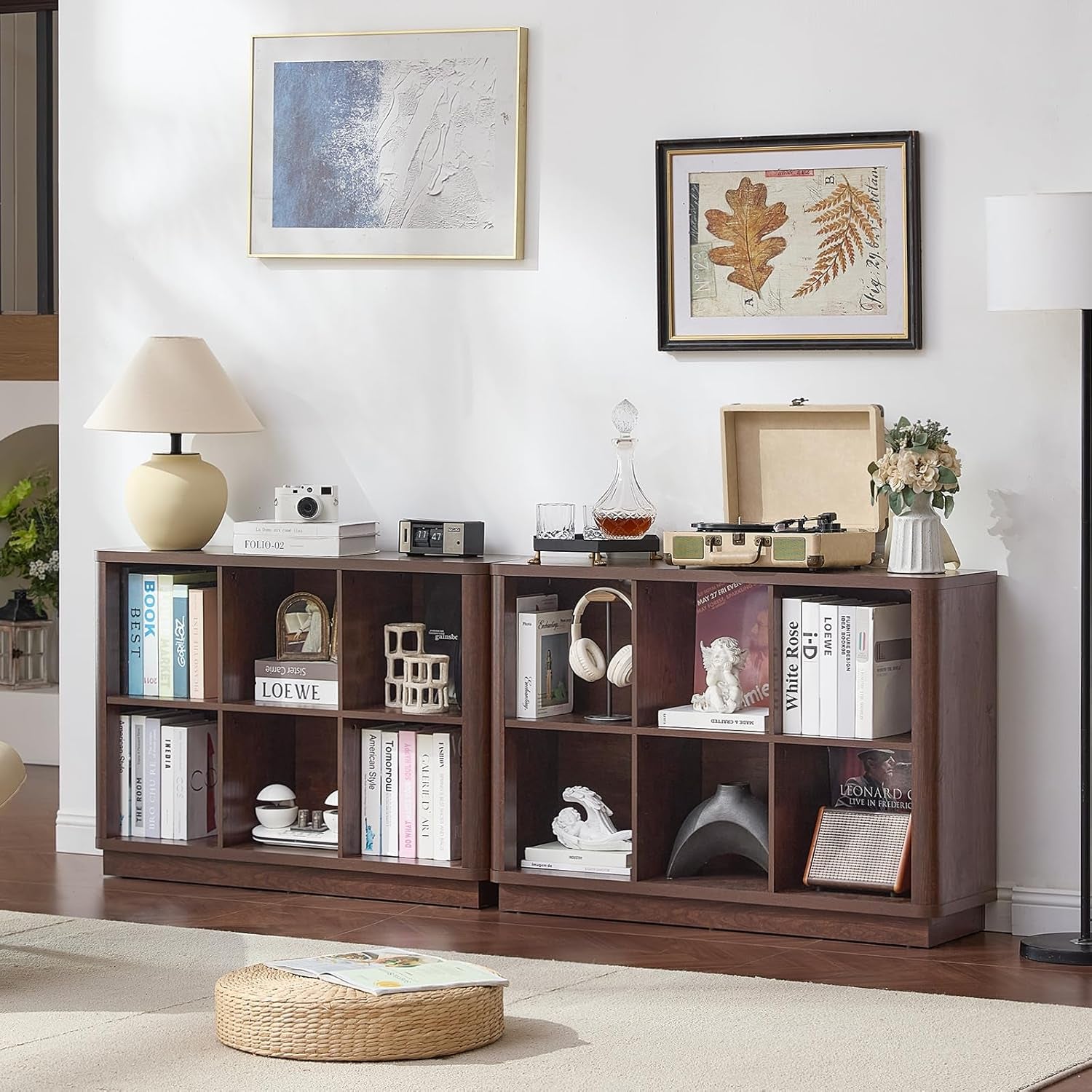 6 Cube Storage Bookcase, 40" Wide Low Horizontal Book Shelf with Curved Edge, Wood Floor Standing 2-Tier Bookshelf with Base, Farmhouse Short Book Case for Bedroom, Living Room, Office, Walnut