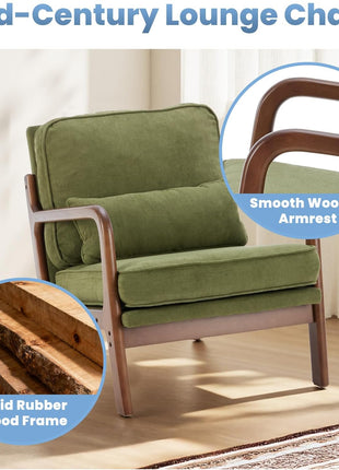 Mid-Century Modern Accent Chair with Armrests and Lumbar Support Cushion, Perfect for Living Room and Bedroom, Durable Wooden Frame, Elegant Green Finish