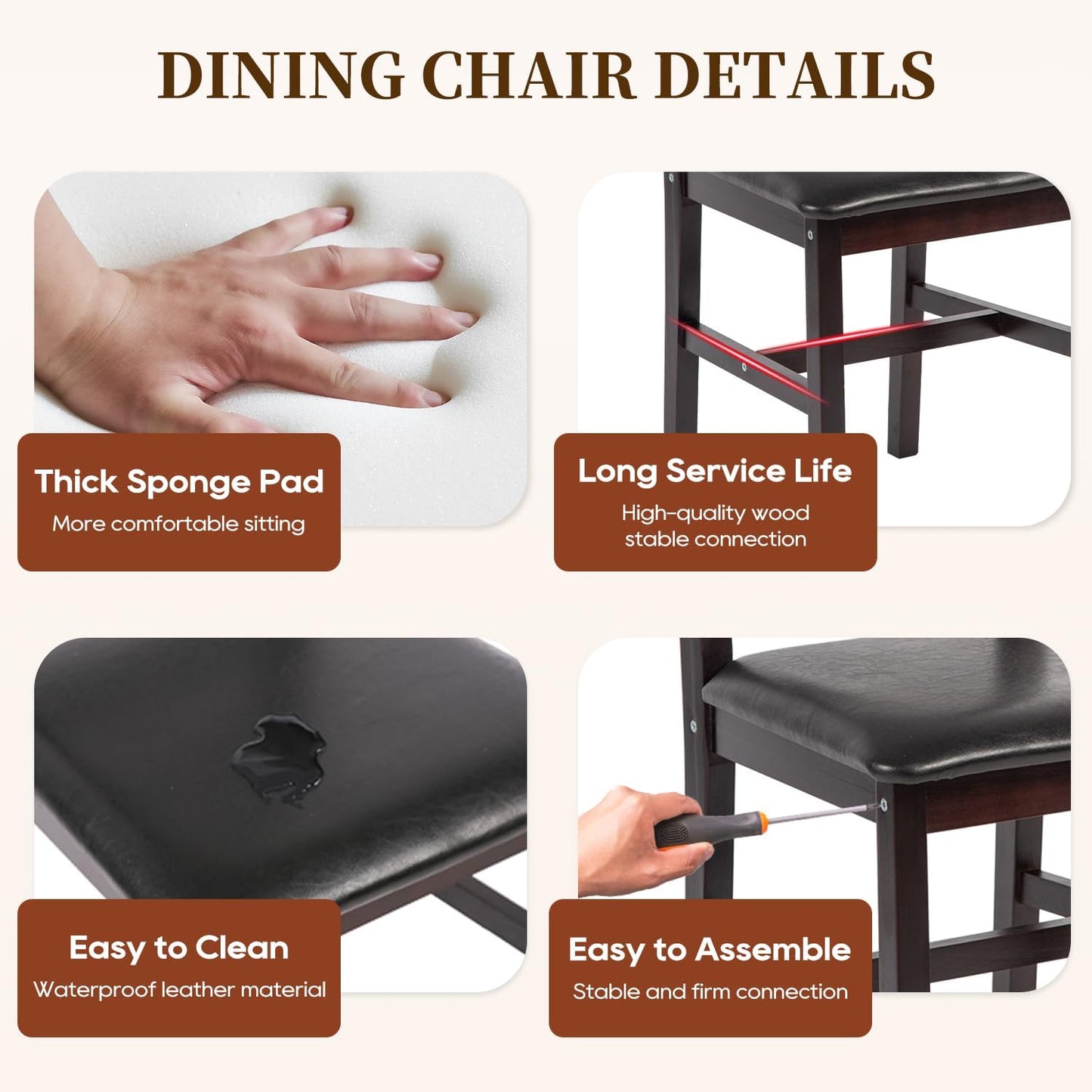 | 5-Piece Solid Wood Dining Table Set for 4 | Brown | Space-Saving Design | Smooth Easy-To-Clean Surface | Pine Kitchen Table with Upholstered Chairs | for Dining Room, Apartment, Restaurant