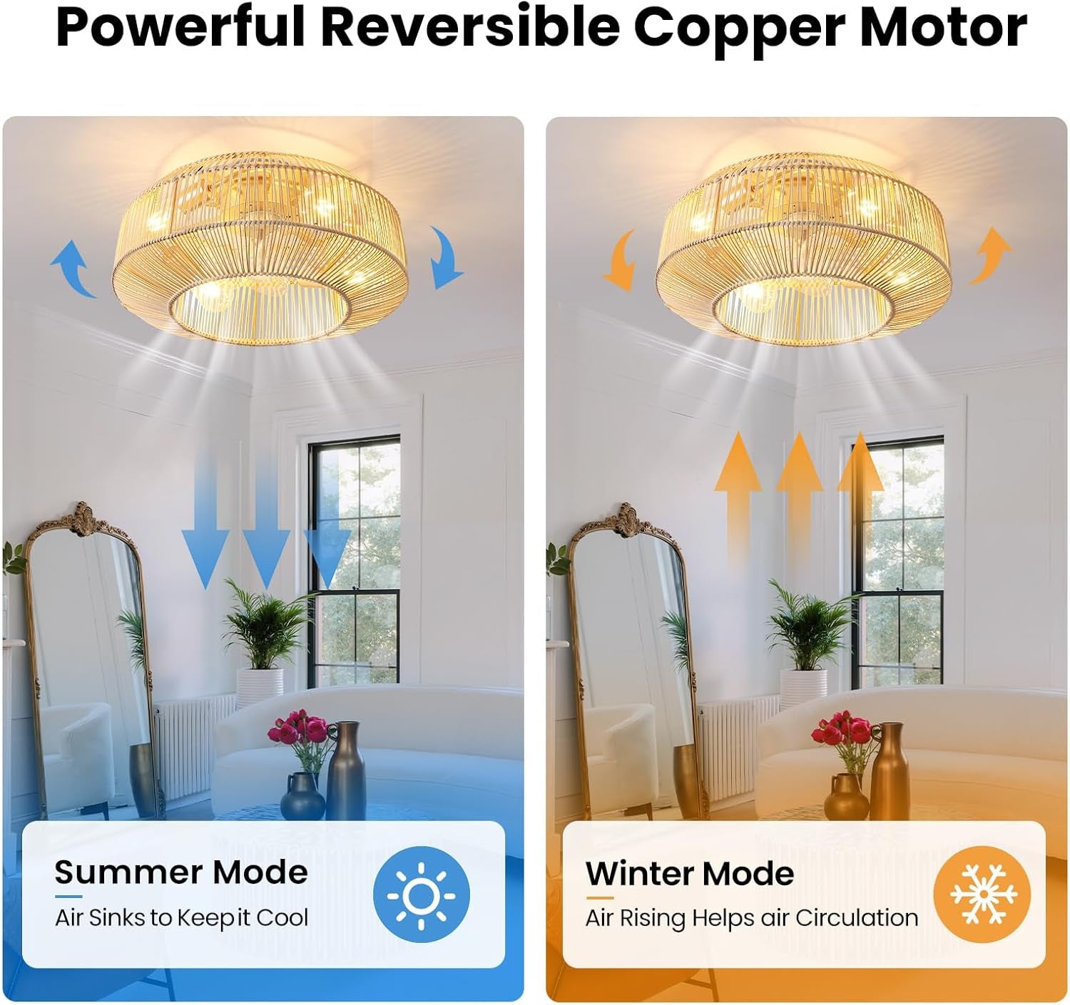 20" Boho Rattan Ceiling Fan with Lights, Flush Mount Caged Ceiling Fan with Remote, 6 Speed, Timing, Reversible Blades Enclosed Farmhouse Fan Lights for Bedroom, Kitchen