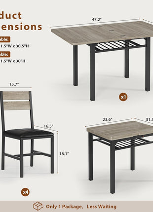Extendable Dining Table Set for Four with PU Leather Upholstered Chairs and Integrated Storage Rack, Perfect for Compact Spaces, Grey Finish