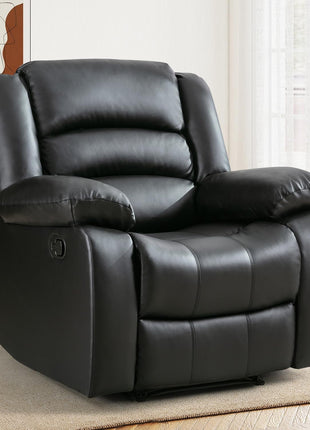 Black Overstuffed Recliner Chair with Breathable Faux Leather, Manual Reclining Feature, Ideal for Living Room Seating