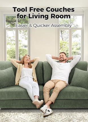 70-Inch Corduroy Sofa for Living Room, Tool-Free Assembly, Comfortable 3-Seater Loveseat with 21-Inch Deep Seats and 2 Pillows, Ideal for Bedroom Use, Green Finish