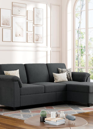 Convertible L-Shaped Sectional Sofa with Removable Cushions in Soft Corduroy Fabric - Ideal for Living Rooms, Apartments, and Offices (Gray)