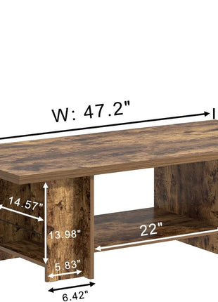 Rustic Brown 47-Inch Rectangular Coffee Table with Storage and Side Shelves for Living Room