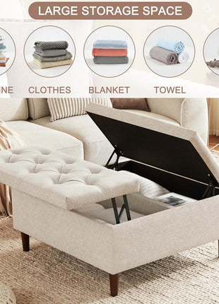 35-Inch Extra Large Upholstered Storage Ottoman Coffee Table, No Assembly Required, Oversized Square Design in Beige Fabric for Living Room