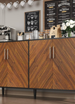 58-Inch Buffet Cabinet with Storage and Adjustable Shelves, Coffee Bar Cabinet Featuring Four Spacious Doors for Living Room and Kitchen, Black Finish