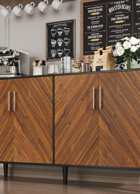 58-Inch Buffet Cabinet with Storage and Adjustable Shelves, Coffee Bar Cabinet Featuring Four Spacious Doors for Living Room and Kitchen, Black Finish