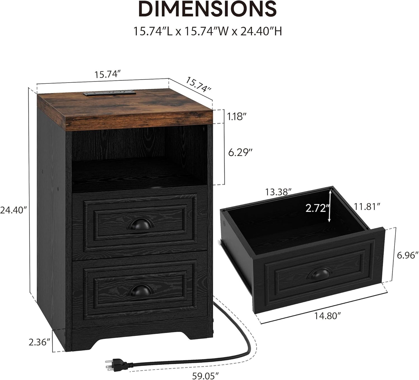 Farmhouse Bedroom Set, Power Strip, 4 Pieces Bedroom Furniture Set, 5 Drawer Dresser & 6 Drawer Dresser and 2 Nightstands, Chest of Drawers Wide Storage Cabinet for Bedroom, Black