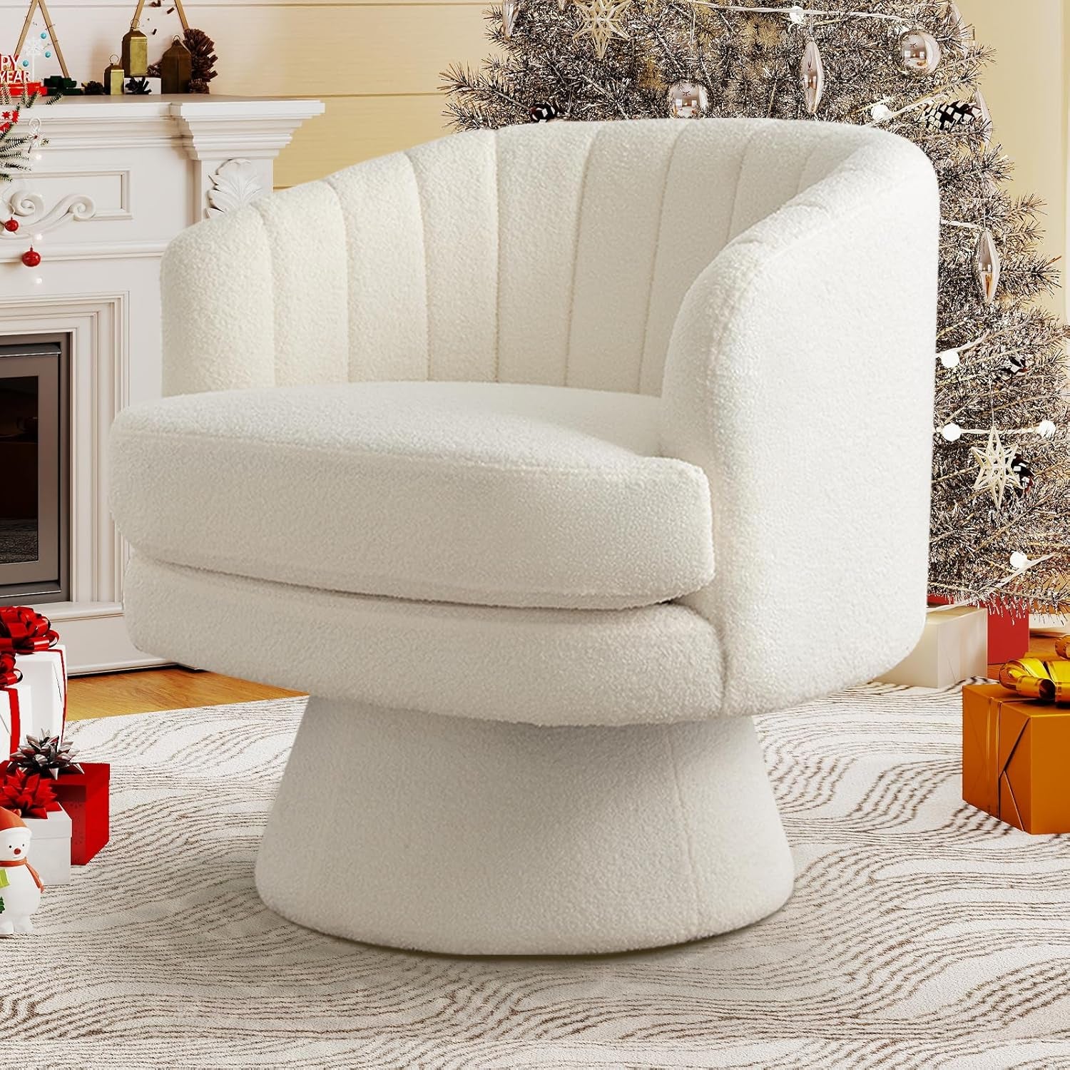 Swivel Accent Chair with Armrest, Modern 360 Degree Swivel Barrel Chair with Curve Back and Soft Cushion,Comfy round Sherpa Teddy Armchair Single Sofa for Living Room,Bedroom,Waiting Room,Beige