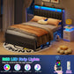 Queen Bed Frame with Charging Station and LED Lights, Grey Upholstered Headboard with Shelves, Metal Platform Bed with 2 Under-Bed Storage (Fabric Drawer on Wheels), No Box Spring Needed