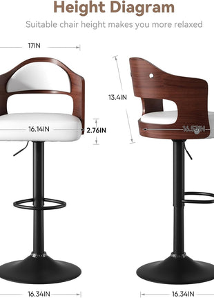 Set of 2 Contemporary Swivel Bar Stools with Backrest and Footrest, Wooden Upholstered PU Leather, Counter Height for Kitchen Island, White