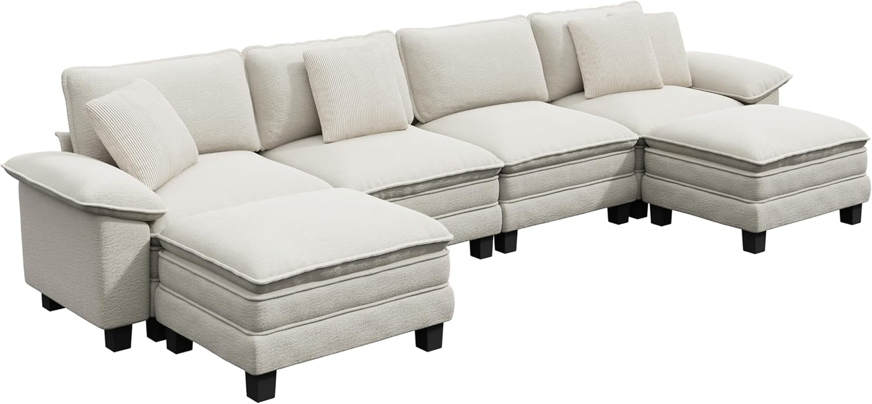 157-Inch U Shaped Sectional Sofa with Cloud Cushions, Deep Seat Modular Couch Set W/ 6 Seats & 2 Ottomans, Removable Arms, Plush Chenille Upholstery for Living Room, Apartment - Beige