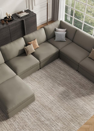 Oversized Light Grey Faux Leather Sectional with Chic U Shape and Comfortable Ottoman – Ideal for Cozy Gatherings and Stylish Living Room Decor