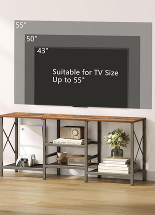 55-Inch Rustic Brown TV Stand with 3-Tier Open Shelves for Living Room and Bedroom