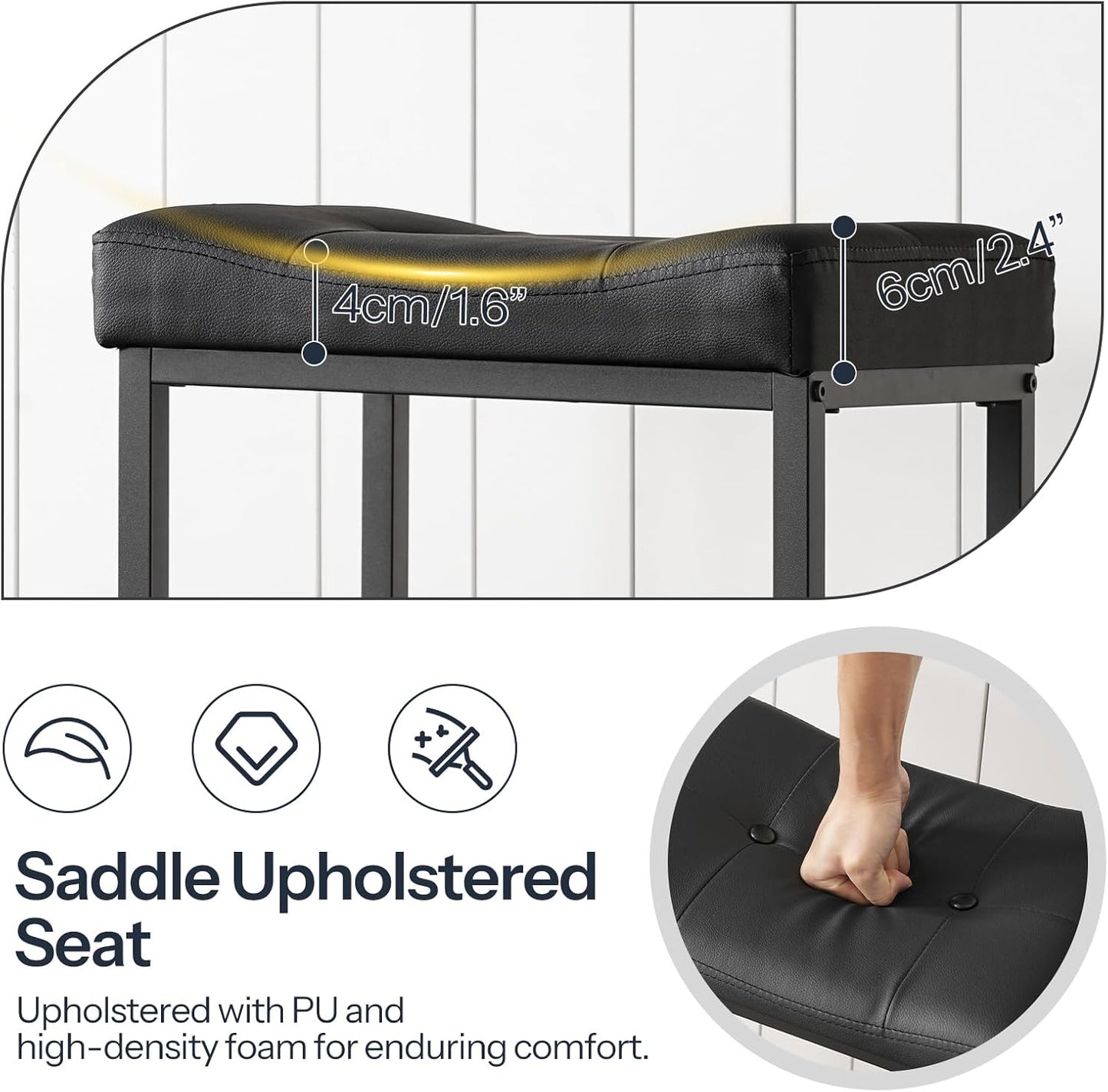 Bar Stools,25.4" Saddle Stools with PU Upholstery, Counter Height Stools with Footrest, Kitchen Breakfast Chairs, for Dining Room, Cafe, Bar, Black BB23BY01