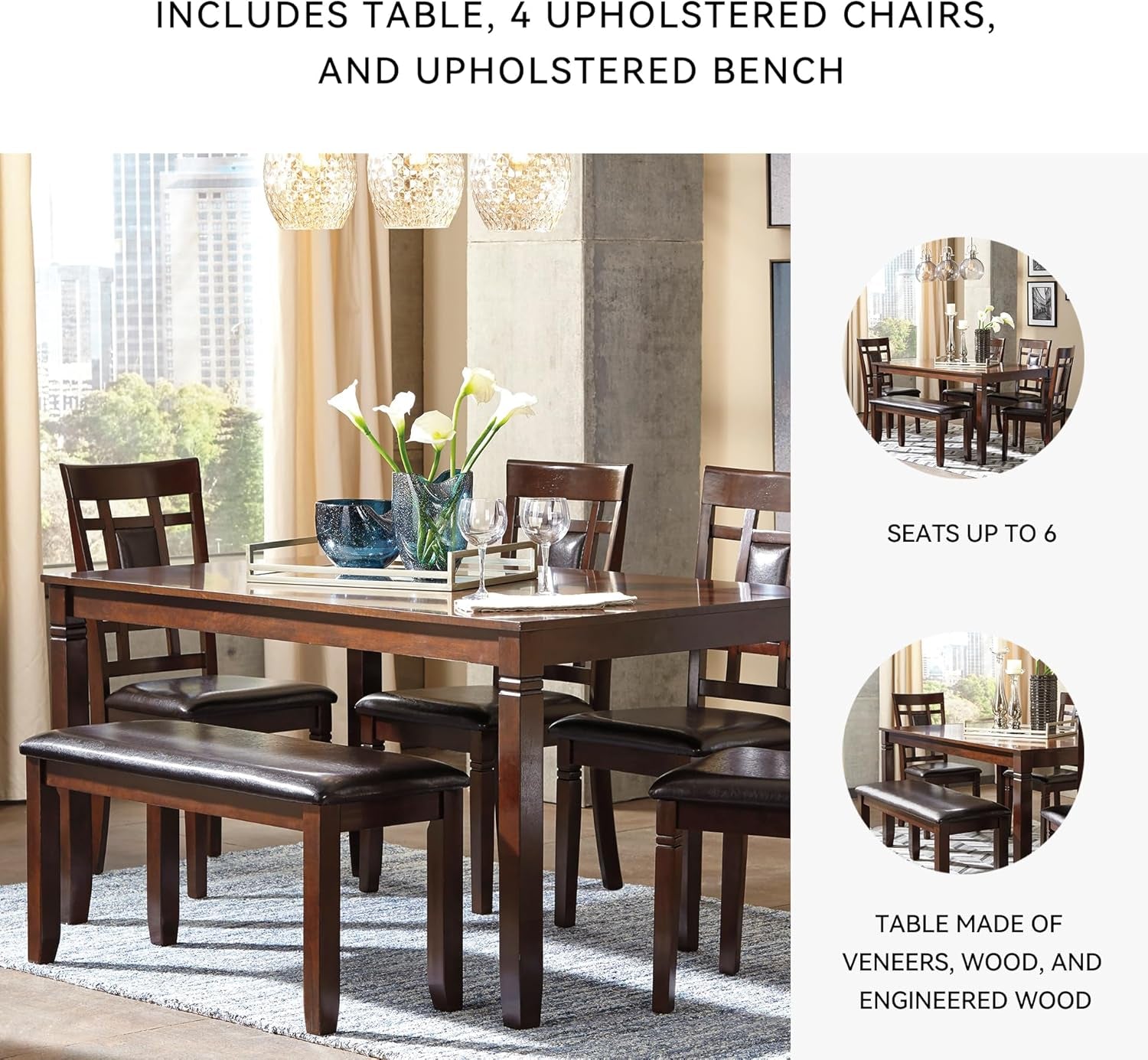 Bennox Dining Room Table and Chairs with Bench (Set of 6), Brown